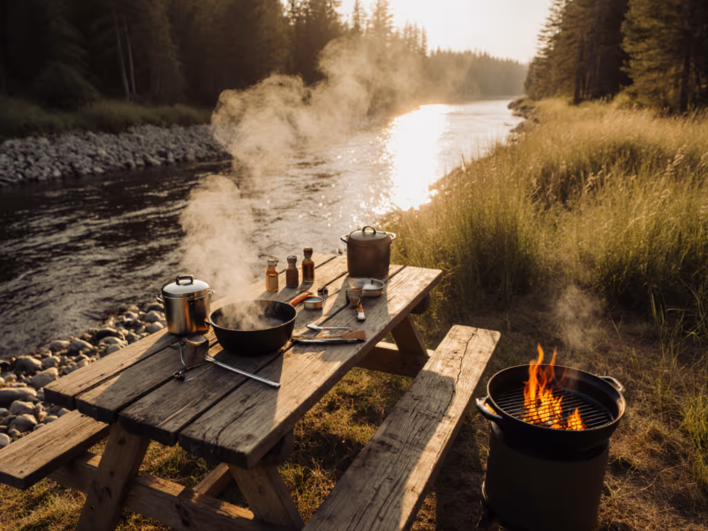 outdoor_cooking_over_contained_portable_grill_on_riverbank