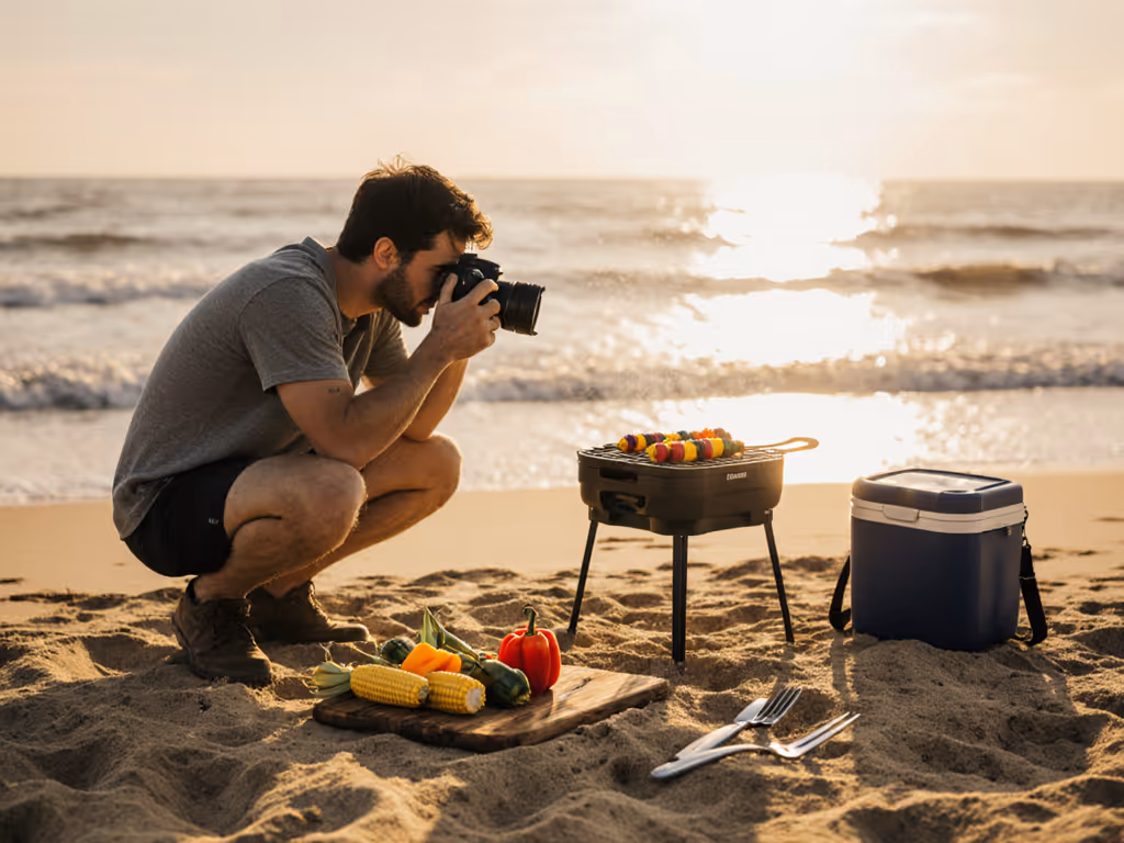 photographer_capturing_grill_shot_with_portable_setup_on_beach
